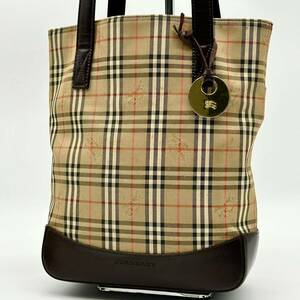 ●高級●BURBERRY バーバリー バケツ トートバッグ ハンドバッグ 鞄 かばん ノバチェック チャーム ホースロゴ キャンバス レザー 茶