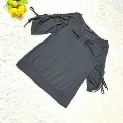 【ルジュール】シルク混　カットソー　袖リボンシャーリング　L　黒　ブラック