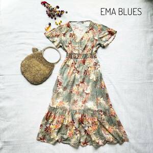 厳選☆レア　大人おしゃれ♪　かわいらしい　ema blues　グリーン系ボタニカル柄　コットン　ロングワンピース　フリー　フレンチスリーブ