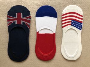 稀少！ アメリカ　フランス　イギリス国旗 ソックス　靴下　 カリスマ　　男女兼用　綿 インソックス　サイズ24～26.5cm 3足組
