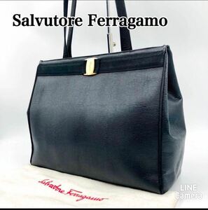 サルヴァトーレフェラガモ Salvatore Ferragamo ハンドバッグ レザー ブラック リザード型押し トートバッグ 黒 