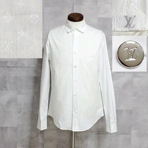 数回使用 M ルイヴィトン モノグラム 総柄 ワイシャツ 白 LVロゴ 銀ボタン イタリア製 LOUIS VUITTON 長袖 トップス カッターシャツ