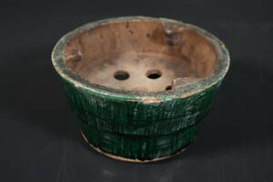 【和】(9369)　時代古作　緑交趾涼炉　松斎在銘　煎茶道具　茶道具　湯沸