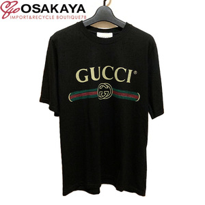 中古美品 GUCCI ウェブライン ロゴ Tシャツ 337506 Z5286 レディース M ブラック インターロッキング フラワー コットン グッチ 黒 服