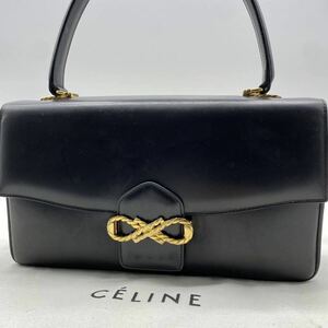 1円【極美品】 CELINE セリーヌ ハンドバッグ ゴールド金具 リボン ねじれ スクエア オールレザー ブラック 黒