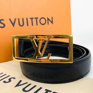 極美品!! LOUIS VUITTON ルイヴィトン ベルト メンズ サンチュール LVロゴ ゴールド金具 ビジネス LVバックル レザー ブラック 75 仏製