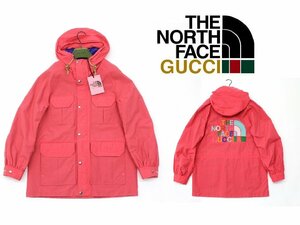 28万新品◆M◆グッチ GUCCI×THE NORTH FACEコラボ マルチカラーロゴ刺繍 ピンク系 フーディーマウンテンパーカー 1円