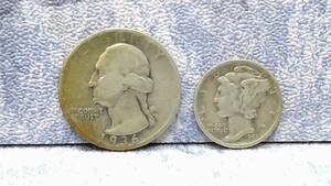 k1313 アメリカ合衆国 銀貨 ワシントン クオーター 1936年/マーキュリー ダイム 1941年 各1枚 硬貨 史料 コレクション 60サイズ発送