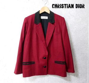 美品 Christian Dior クリスチャンディオール スエード 異素材切り替え テーラードジャケット 格子柄 シングル 2B ミドル丈 赤 レッド