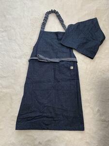 ハンドメイド・キッズエプロン＆三角巾・150サイズ・リバーシブルデニム調（紺）