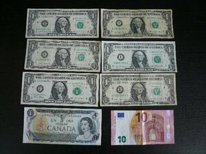 ◆H-78641-45 アメリカ 6ドル分 カナダ 1ドル分 ユーロ 10ユーロ分 まとめて 紙幣8枚