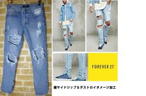 新品 FOREVER21 裾サイドジップ ダメージ加工デニム W34 L/フォーエバー21 正規品