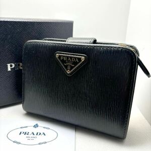 【RFID搭載☆極美品】プラダ PRADA 二つ折り財布 三角ロゴプレート トライアングル ヴィッテロムーブレザー 黒ブラック レディース 現行