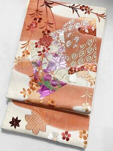 ★きものさらさ　アンティーク着物帯★丸帯　豪華な総日本刺繍　逸品　両面　菊　枝垂れ桜　藤　古典文様　大正ロマン　古布　古裂