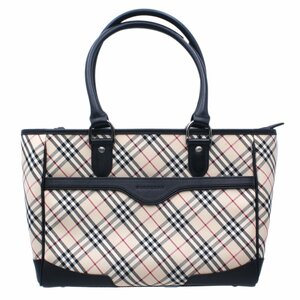 ★B2494 超美品!! バーバリー チェック柄 キャンバス×レザー ハンド・トートバッグ ベージュ×ブラック BURBERRY レディース★