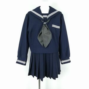 1円 セーラー服 ジャンスカミニ スカーフ 上下3点セット 大きいサイズ 冬物 白3本線 女子 学生服 兵庫灘中学 紺 制服 中古 ランクC EY9869