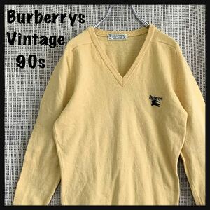 【希少】90s SCOTLAND製 Burberrys バーバリー Vネック セーター ニットラムウール 刺繍 ワンポイント