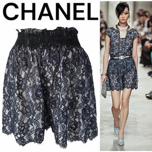 j284 美品 CHANEL シャネル 2013-14 クルーズコレクション レース ショートパンツ キュロット ネイビー 34 イタリア製 正規品 B4876 P47411