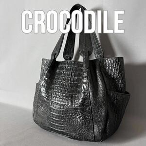 ★１円スタート★クロコダイル crocodile ワニ革 鰐革 トートバッグ ハンドバッグ ブラック 黒 エキゾチックレザー C77.