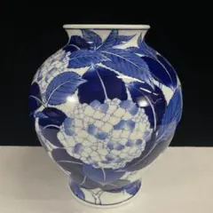 【随心堂】香蘭社謹製　染付紫陽花文　花瓶　花入　飾り壷　古美術　時代物　K31