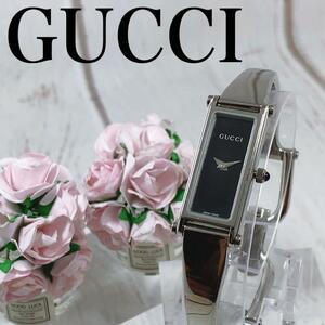 ★美麗/定価9万円★GUCCI グッチ イタリアブランド 1500L 黒文字盤 レディース 女性用腕時計 クォーツ スクエア 稼働 中古 動作良好20866