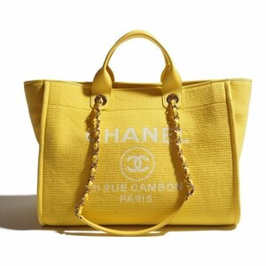 M2204P　▼CHANEL シャネル▼ ドゥーヴィル ラージ ショッピングバッグ ミックス ファイバー&カーフスキン イエロー / トートバッグ rb mks