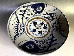 皿■支那皿 染付魚紋 青華 古い飾り皿 古玩 唐物 中国 古美術 時代物 骨董品■