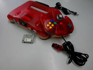 Ｎ６４本体＆コントローラー＆コントローラーパック＆ＡＣ：クリアレッド美品