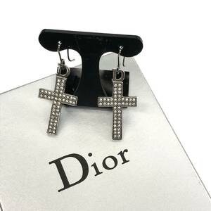  中古 クリスチャンディオール Christian Dior クロス ピアス ラインストーン シルバー色 十字架 137678E