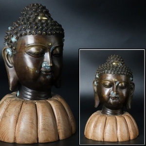 【宙】仏教美術 銅製 チベット仏 仏頭 高24.8cm 2446g 台座付 アユタヤ美術 タイ インド 釈迦如来 仏像唐物骨董 C2G12.j.B