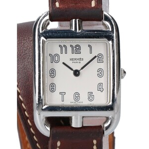 HERMES エルメス CC1.210 □M ケープコッドPM ドゥブルトゥール レザー 2重ベルト 腕時計 シルバー/ブラウン レディース