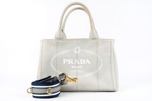 【美品】PRADA プラダ カナパ デニム 2WAYショルダー ハンドバッグ グレー系×ゴールド金具 レディース鞄【MB73】