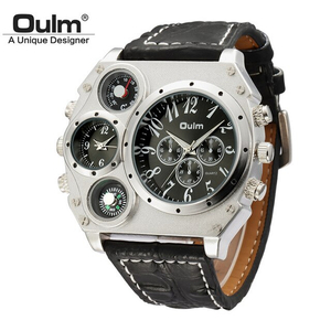 【ブラック×ブラック】メンズ ビッグダイヤル腕時計 海外人気ブランド Oulm クロノグラフ 方位磁石 温度計 クォーツ式 レザーバンド