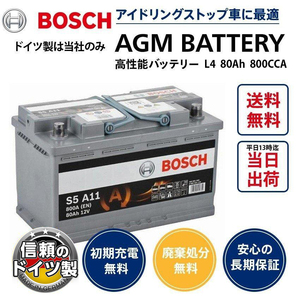 ドイツ製 ボッシュ AGMバッテリー 80A 800CCA 規格:L4 サイズ:W315mm D175mm H190mm 欧州車用 高性能スタート＆ストップ S5A110 LN4互換