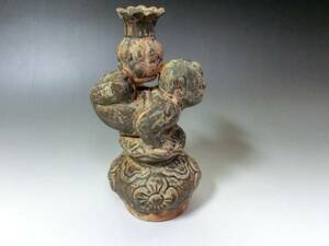 置物■唐子 花瓶 オブジェ 中国 時代物 古玩 古い花器 青磁 骨董品 希少■