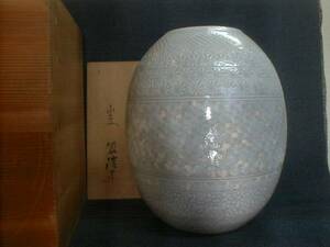 清水焼　平安　翠浩造　白三島　27x19.5cm　1.8kg　陶器製飾り壺