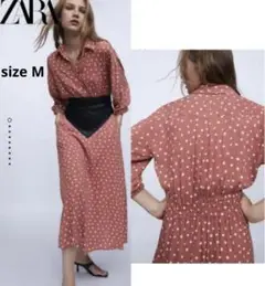 ZARA ザラ ドット レーヨン シャツワンピース ロングワンピース ピンク M