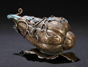古びた蔵『清代 老純銀彫り 焼藍福瓜形煙壺』極細工 置物 擺件 古賞物 古美術 中国古玩