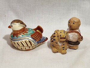 御室窯　色絵　鴛鴦　おしどり　香合　寅　僧侶　　　茶道具　2点　陶器