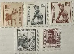韓国 1962-63年新ウォン貨白紙普通切手5種