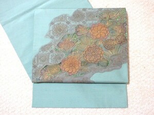 刺しゅう・花と菖蒲・ひすい色・広幅名古屋帯・美品　E-76