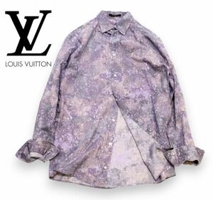 国内正規品 Louis Vuitton MENS ムラ染め風 小花 総柄コットン長袖シャツ ルイヴィトン タイダイ風 L/S SHIRT パープル系 フランス製M JK-6