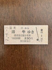 JR北海道深名線硬券乗車券「鷹泊から沼牛ゆき」鷹泊駅発行