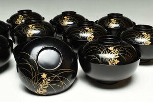 【蔵c9381】木製漆器　黒塗蒔絵秋草文　吸物椀　汁椀　十客