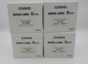 ●未使用 CASIO ネームランド 6mm 9mm 4箱セット 透明テープ NAME LAND カシオ 黒文字 XR-6X XR-6WE XR-9X 3種類 現状品 白地 テープ