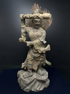 [KA044] 時代 木彫 仏像 毘沙門天 骨董 仏教美術 古玩 彫刻 木製 仏師