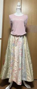 着物リメイク　春色　紬のパッチワークAラインスカート 16枚はぎ　フリーサイズ