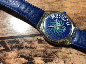 レア swatch スウォッチ AG1992 MUSICALL ミュージコール ブルー 純正革ベルト クオーツ 腕時計