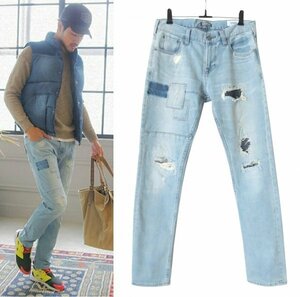 BAYFLOW DENIM パッチワーク クラッシュ リペア加工 テーパードデニム 29 ベイフロー TAPERED ストレッチ ダメージ加工 ライトインディゴ