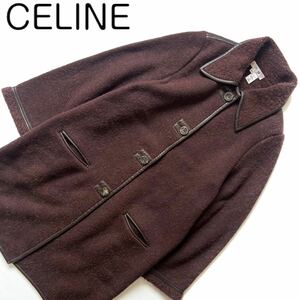 【送料無料】celine セリーヌ　ニット×レザー　ロングコート 冬物　レディース　38 M ブラウン　茶色　アウター　ジャケット　冬物